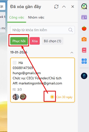 Phục hồi công việc đã xoá trên myXteam