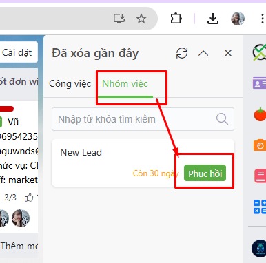 Phục hồi nhóm việc đã xoá trên myXteam